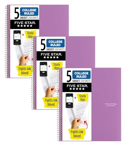 Five Star Spiral Notebook + Study App, 5 Subject, College Ruled Paper, 8-1/2" x 11", 200 Sheets, Fights Ink Bleed, Water Resistant Cover, Amethyst Purple (38748)(Pack of 3) - color: Purple, size: 1 Count (Pack of 3)