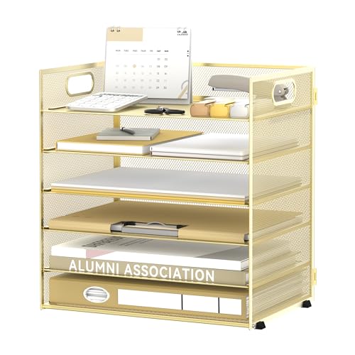 Daltack 6-Tier Paper Organizer for Desk with Handle, Gold - color: Gold