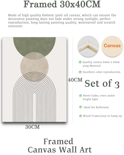 30x40CM Sage Green Boho Wall Art,Framed Canvas Bathroom Wall Art Pictures, Mid-Century Modern Wood Framed Abstract Prints for Bedroom,Minimalist Office Wall Decor 3Pack - color: Sage Green-Framed, size: 16"L x 12"W