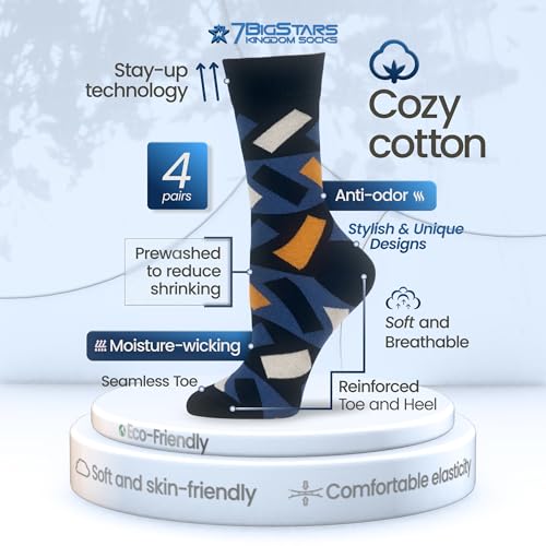 7BIGSTARS Women Cotton Crew Socks, Patterned 4 Pack, M 5-9 - L 8-12 - color: 02b - Dark Navy, Navy, Tan (A54), size: 8-12
