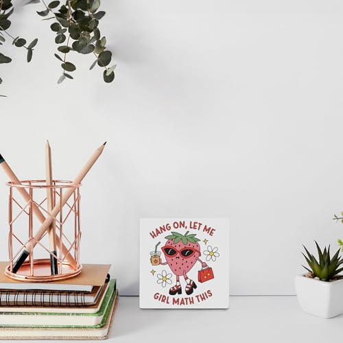 OFlich Preppy Strawberry Wooden Box Sign 5x5 Inches - Strawberry Gifts for Women, Trendy Desk Sign for Dorm Girls Room, Cute Wooden Signs for Home Decor