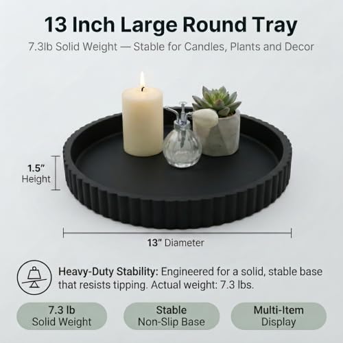 Round Solid Concrete Tray, Fluted Centerpiece for Coffee Table Decor 13" - color: Black