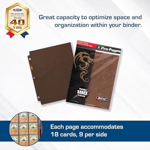 BCW Double-Sided 9-Pocket Pages Holder - 10 Brown Pages | Trading Card Binder Sheets | Secure Side Loading | Ideal Card Storage and Display Solution - color: Brown