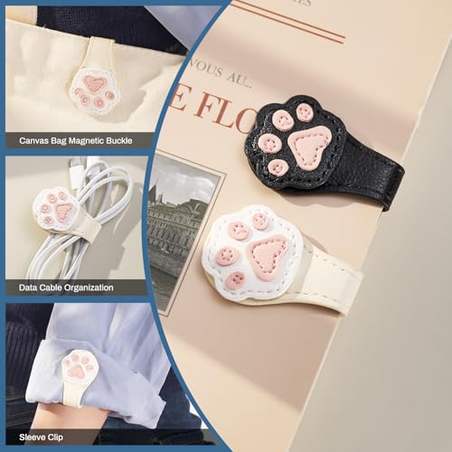 Ovesmusl 2Pcs PU Leather Paw Magnetic Bookmarks with Pen Holder - style: Paw (White+Black)