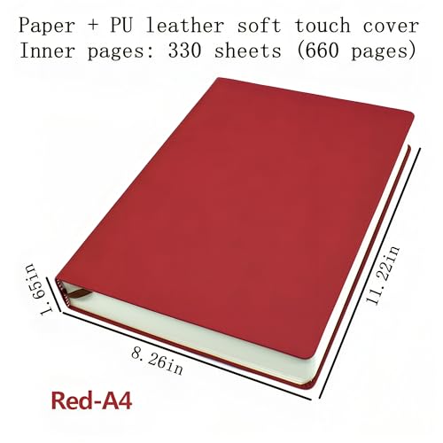 jooact Thick Sketchbook 660 Pages Notebook Soft Faux Leather Cover Journal 80GSM Paper Notepad Drawing Book Memo Writing Sketch Pad Diary Notebook - color: Red, size: A4