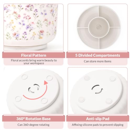 SKYDUE Rotating Pencil Pen Holder for Desk, Pencil Cup with 5 Slots - color: Floral