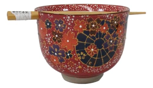 Ebros Gift Artistic Donburi Ramen Udon Noodles Soup Salad 5" D 18Oz Bowl With Bamboo Chopsticks And Built In Rest Set Asian Dining Kitchen Accent (Red Floating Colorful Flowers) - color: Red Floating Colorful Flowers