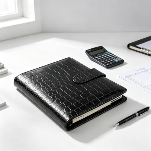 A5 6 Ring Binder Cover Crocodile - Large PU Leather Notebook Binder with Hidden Snap Buckle, Refillable Budget Planner, Black - color: Black, size: A5