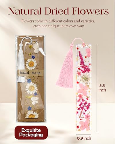 Buleens 2PCS Bookmarks for Women - Yellow Book Marks for Readers Book Lovers, Personalized Handmade Dried Flower Resin Bookmark with Tassels, Pretty and Aesthetic - color: Pink Purple