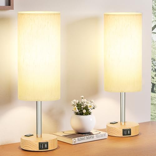 Fenmzee Bedside Table Lamp Set of 2 - Dimmable Touch, USB A+C, AC Outlet - color: Cream - Wood Grain 2, size: 14"