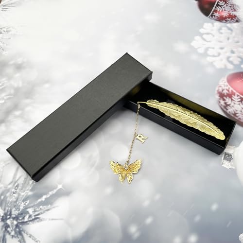 Initial Letter and Butterfly Charm Metal Feather Bookmark (Gold-R) - style: Gold-R