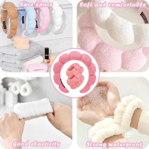 Spa Headbands for Washing Face Wristband Set Sponge Makeup Skincare Headband Wrist Towels Bubble Soft Terry Towel Cloth Hairband for Women Puffy Headwear Non Slip Thick Thin Hair Headwear (Rose red) - color: Rose red