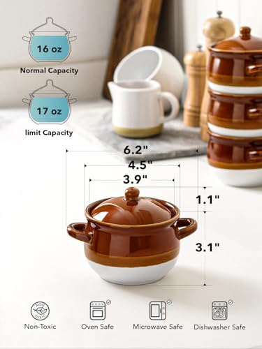 LE TAUCI French Onion Soup Bowls with Lids, Handles, 16 oz, Set of 4 - size: 16 OZ