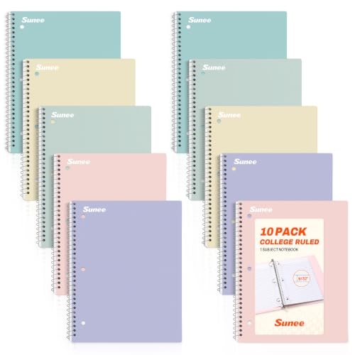 SUNEE Spiral Notebooks, 1-Subject, 10 Pack, College Ruled Paper, 8" x 10-1/2", 70 Sheets per Notebook,3-Hole Punched Paper, Pink,Purple, Blue, Green, Yellow Spiral Lined Notebooks for School,Work - style: Pastel | 10 Pack