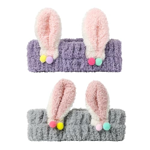 PERFECTSIGHT Kawaii Headband for Spa, Makeup, Washing Face, Party - 2 Pack Cute Hair Band for Shower Beauty Skincare, Soft Facial Headbands for Girls and Women (Purple+Gray Rabbit Ear) - color: Purple+Gray Rabbit Ear