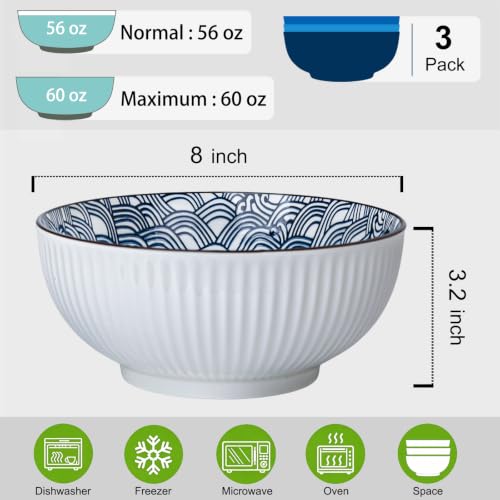 60 oz Large Soup Bowls Set of 3, Pho Bowls, Ramen Bowl - Wave - size: Wave Pattern (8 Inch, 60 oz)