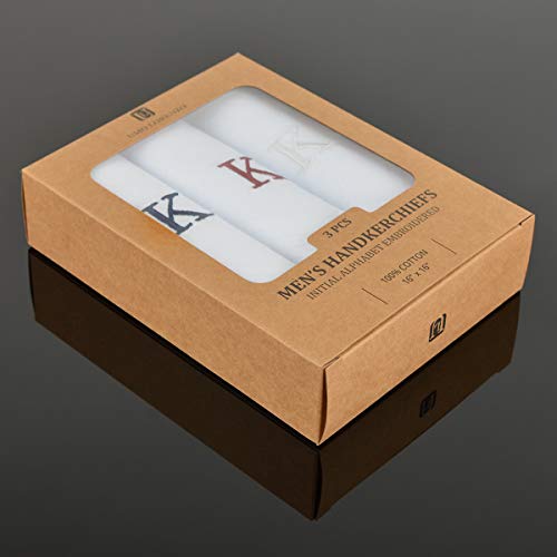 Initial Handkerchief for Men, Monogrammed Boxed 3 Piece Set,100% Cotton - color: K Initial