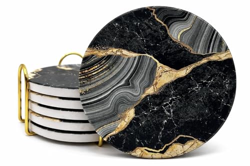 Elegant Black & Gold Marble Ceramic Coasters - Set of 6 with Gold Metal Holder - Round Drink Coasters for Coffee, Tea, Whiskey, Wine - Stylish Home & Kitchen Decor - color: Black Gold, size: 6 Pack