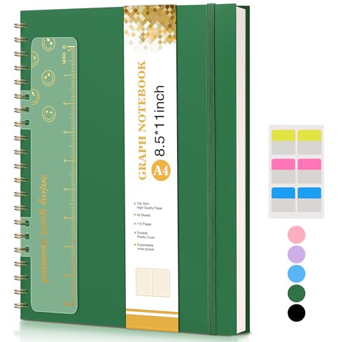 Graph Paper Notebook, Spiral Notebook Journal 8.5” x 11”, A4 Large Grid Notebooks for Women Men, 100 GSM Graph Paper, Plastic Hardcover Spiral Graphing Journals for Work School Engineerin, Green - color: Green, size: Graph