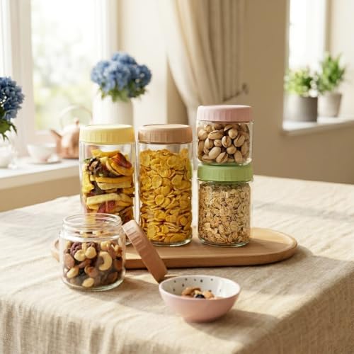 SHOWIN Overnight Oats Containers with Lids, 24oz Glass Jars with Lids 4 pcs, Creamy Beige, Wide Mouth Mason jars for Salad, Yogurt, Snacks, Meal Prep - color: Creamy Beige, size: 24oz-4pc