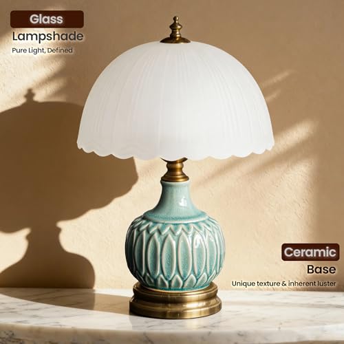 Vintage Green Ceramic Small Table Lamp with White Glass Shade - color: White