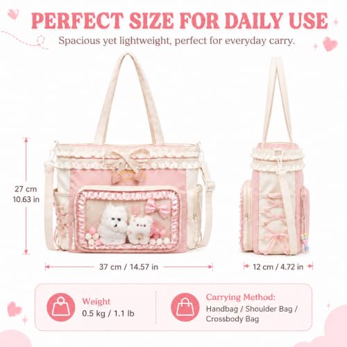 Kawaii Ita Bag with Ruffle Trim, Cute Color Block Crossbody Bag, Pin Display Shoulder Bag with Insert Y2k Style - color: Beige / Pink