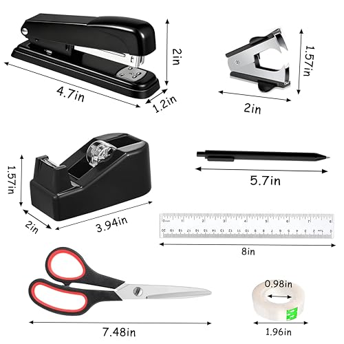 Dimonluce Office Desk Accessories, Black Office Supplies Accessories with Tape Dispenser, Stapler, Staple Remover, 1000 Staples, Tape, Clips Set, Ruler, Scissor, Pen - color: Black