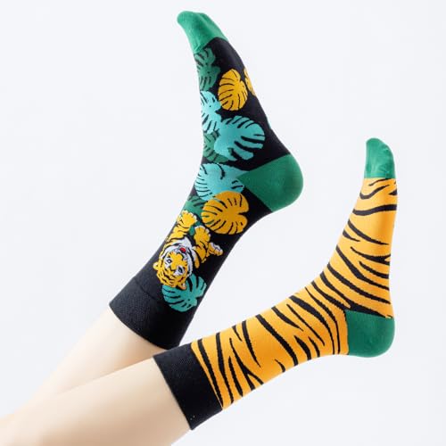 2 Pairs Cartoon Animal Crew Socks Fun Cotton Mid Calf Socks for Women - color: Tiger
