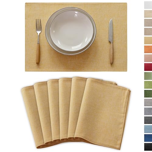 Demetex Placemats Set of 6 Yellow Linen Table Mats Heat Resistant Cloth Place Mats for Dining Room Kitchen Tables, Yellow - color: Yellow, size: Placemats set of 6
