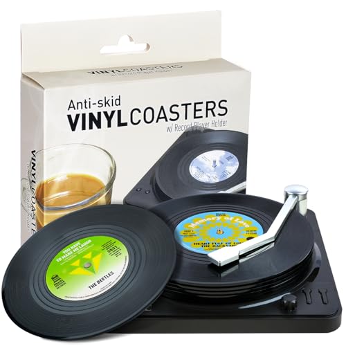 Funny Retro Record Coasters for Drinks with Vinyl Player Holder for Music Lovers,Set of 6 Conversation Piece Sayings Drink Coaster,Housewarming Hostess Wedding Registry Gift Ideas - style: A001