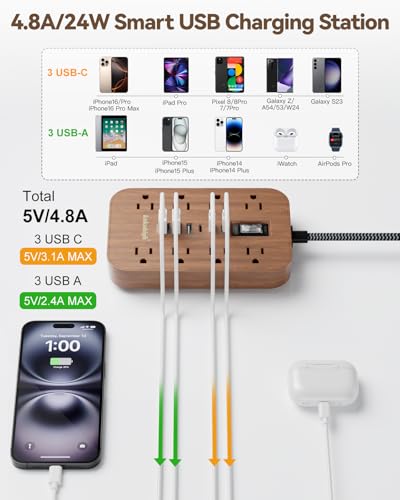 Walnut Power Strip with USB Ports - 5 FT - color: Brown, size: 5FT