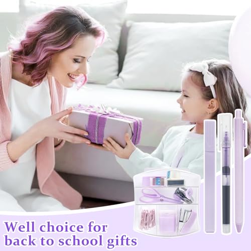 Mini Office Supply Kit, Mini Stapler with Staples and Tape Dispenser Set, Mini Stationary Kit Includes Sticky Notes Index Tabs Highlighters Gel Pens for Office & School Supplies (Purple) - color: Purple