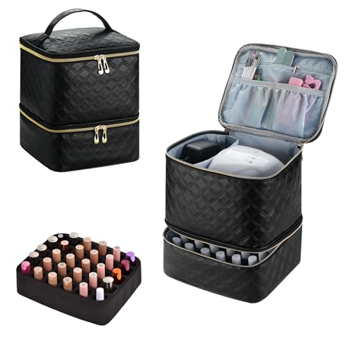 Upgraded Nail Polish Organizer Case - Holds 30 Bottles and 1 Nail Light, Double-layer Nail bag Organzier Case Nail Polish Storage Bag with Handles (Style B-Checker Black) - color: Style B-Checker Black