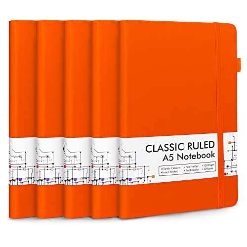 5 Pack Journal Notebook Bulk for School, Feela Hardcover Business Notebooks Classic Ruled Lined Journals with Pen Holder for Work Note Taking, with 5 Black Pens, 120 GSM, 5.1”x8.3”, A5, Orange - color: 5 Pack orange