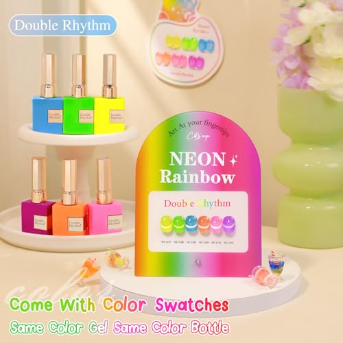 Double Rhythm Cat Eye Gel Nail Polish Set of 6 Same Color Same Bottle 0.5 Oz Shimmer Glitter with Magnet Holographic Reflective Magnetic UV Polish Kit at Home (Neon Orange Red Blue Green-T6-34) - color: Neon Rainbow