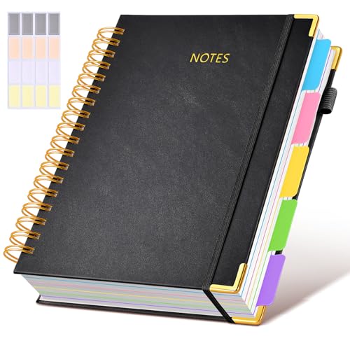 Hardcover Spiral Notebook journal with Removable Dividers Tabs, 300 Pages Leather 5 Subject Notebook College Ruled, 8"x10" Large B5 Notebooks for Work School Note taking, Lined Journal for Women,Black - color: Black, size: 8"x10"