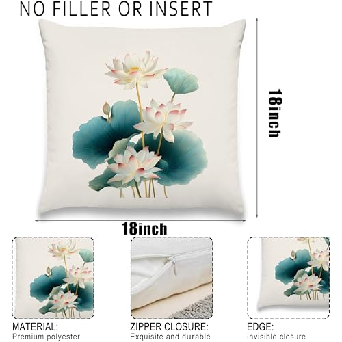 Lotus Flower Pillow Cover 18 x 18 Inches, Teal Leaf Zen Decor - color: Teal Lotus