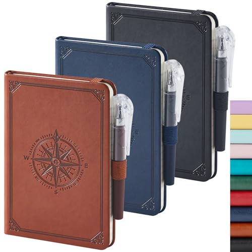 (3 Pack) Small Notebook Journal for Men Women, 3.7" x 5.7", A6 Pocket Notebook with Pen, 100GSM Lined Paper, Hardcover Small Notepad for Work Writing Note Taking, School Supplies - color: 3 Compass, size: A6