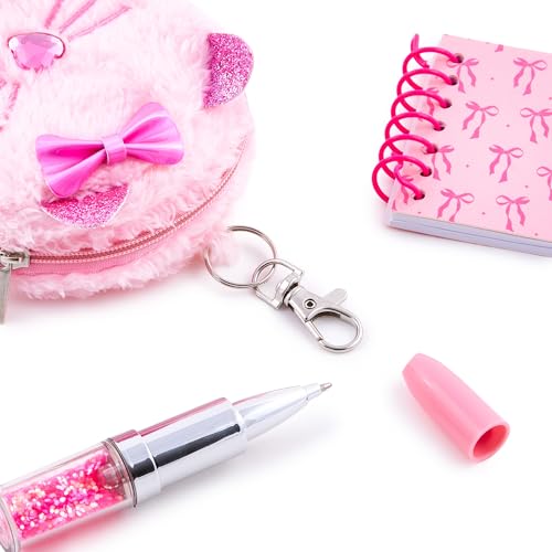 VOTUM Pink Bow Cat Keychain Charm for Backpacks, Purses, Handbags, Car Keys with Stationery Set - Includes Mini Notebook, Gel Pen, Eraser, Stickers - Portable & Fun Gift for Tweens & Adults Ages 8+ - style: Pink Bow Cat