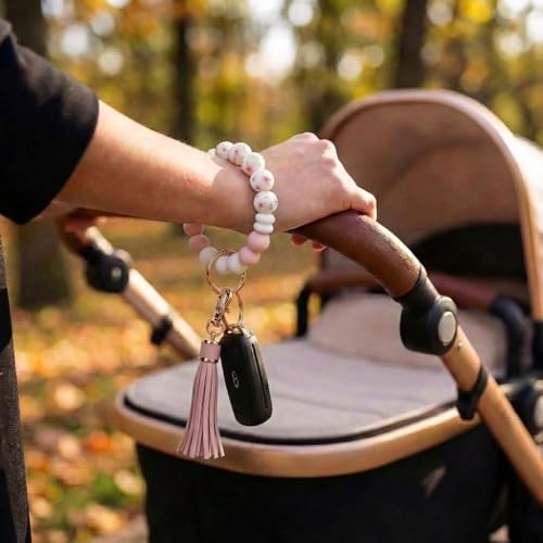 BIHRTC Key Ring Bracelet Car Keychain Holder Wristlet Silicone Women Beaded Bangle Chains - color: Pink Blue Floral