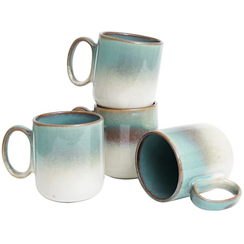 Bosmarlin Ceramic Coffee Mug Set of 4, 14 Oz, Coffee Cups with Big Handle, Microwave Safe, Unique Reactive Glaze (Green) - color: Green