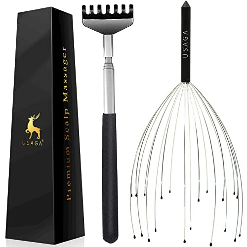 USAGA 20 Fingers Head Massager Scalp Massager Head Scratcher Extendable Back Scratcher for Head Body Relaxing (Black)