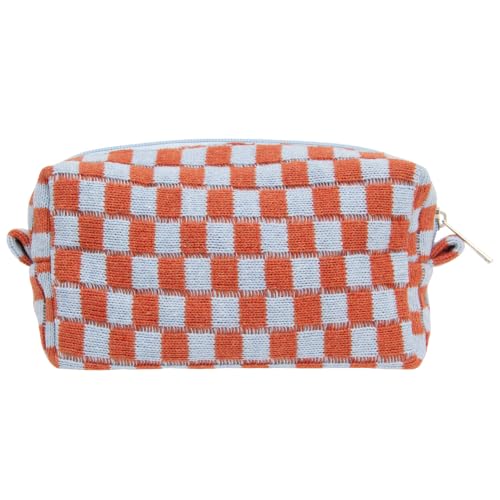 Checkered Makeup Bag for Purse, Small Travel Cosmetic Pouch,Orange Blue - color: Orange Blue