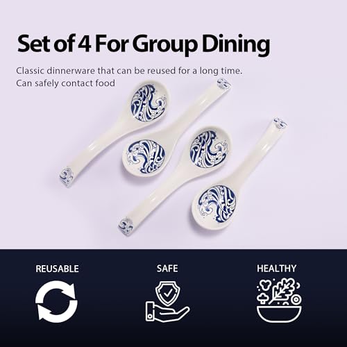 Hagary Ceramic Spoon Soup Spoons Asian Soup Spoon Chinese Korean Japanese Ramen Spoons Set of 4 with Hole 6.2 Inch (Blue - Wave) - color: Blue - Wave