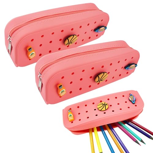 Cute Silicone Pen Case Pen Pouch with DIY Holes and 3 Decoratives(Random) Travel Makeup Brush Bag for Travel Home 7.81inch (Pink, 2 Packs) - color: Pink,2 Packs