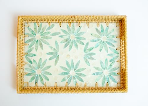 Magenta & Teal Decorative Rectangle Rattan Serving Tray 13x9 inch Mother of Pearl Inlay, Wicker Coffee Table Decor, Farmhouse (Green Flower) - color: Green Flower