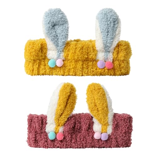 PERFECTSIGHT Kawaii Headband for Spa, Makeup, Washing Face, Party - 2 Pack Cute Hair Band for Shower Beauty Skincare, Soft Facial Headbands for Girls and Women (Red+Yellow Rabbit Ear) - color: Red+Yellow Rabbit Ear