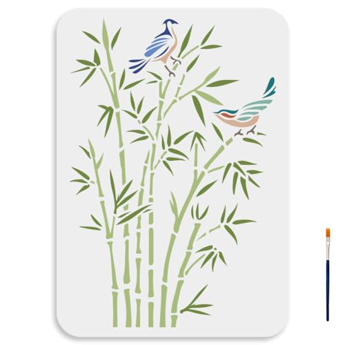 MAYJOYDIY Birds Bamboo Stencils 11.7×8.3inch Large Bird Tree Branches Stencils with Paint Brush Artistic Traditional Chinese Style Drawing Template for Wood Wall Furniture Canvas Decor - color: Birds Bamboo
