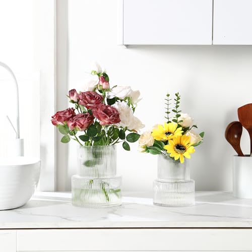 Ribbed Glass Vases for Bouquet, Set of 2 Fluted Vases for Flowers, Clear Vase for Tulips, Modern Glass Vase for Living Room, Office, Coffe Table, Dining Table, Shelf, Wedding - color: Clear, size: Large+Medium