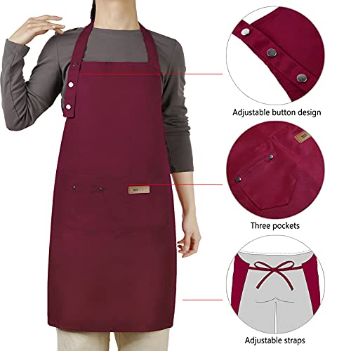 Hongsome Adjustable Button Apron for Women Men Artist Painting Pottery Garden Cooking Kitchen Chef 3 Pockets Waterproof M-XXL - color: Red